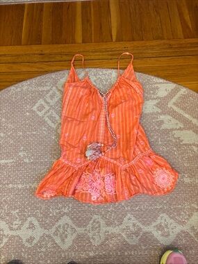 Ramy Brook Coral-Orange Embroidered Tank with Pom Trim